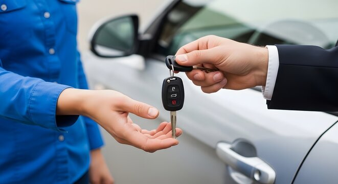 A salesperson handing over a car key to a customer in a dealership.