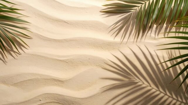 Overhead view of rippling sand dunes with palm frond shadows and leaves framing the scene.