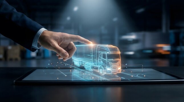 Corporate manager touching 3D digital truck projection on tablet. Smart ground logistics, fleet management and freight transportation concept.