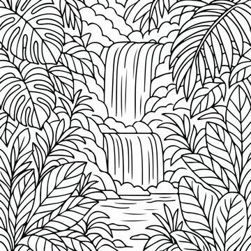Intricate black and white line art illustration featuring a beautiful multi-tiered tropical waterfall flowing into a calm pond amidst dense jungle plants.