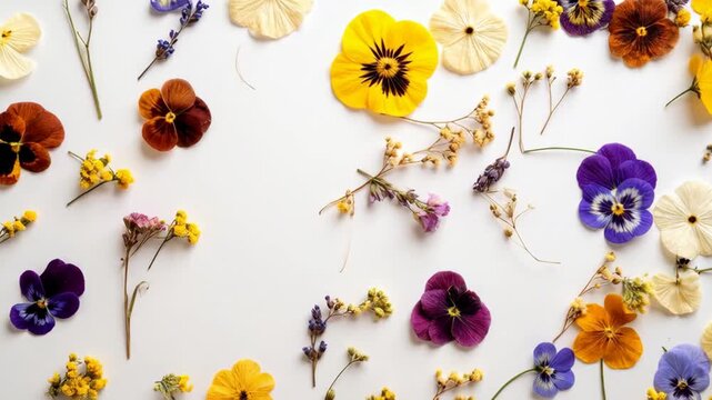 Vibrant collection of dried pressed flowers scattered on a white background