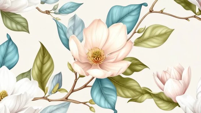 Delicate magnolia blossoms with green and blue leaves on a light background, seamless pattern