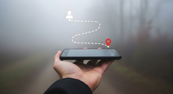 A hand holding a smartphone with location tracking app displayed