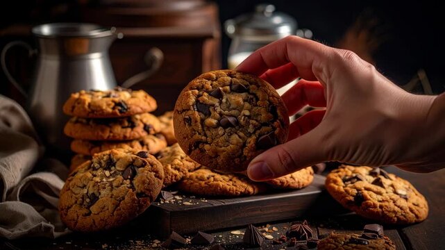 Hand reaching for a freshly baked chocolate chip cookie from a stack