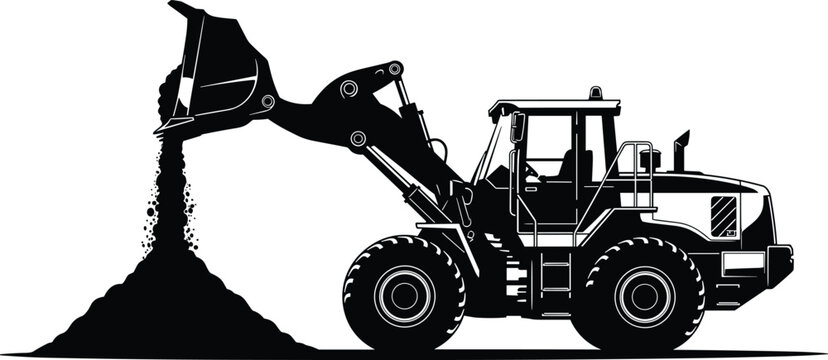 Black and white silhouette of front‑end loader construction machine in profile view, dumping soil from raised bucket, symbolizing excavation, material handling, and industrial machinery