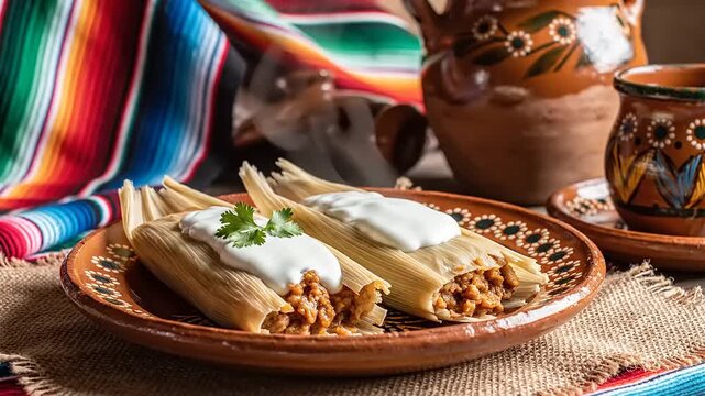 Savory corn husk wrapped delicacy topped with cream and herb served on earthenware plate