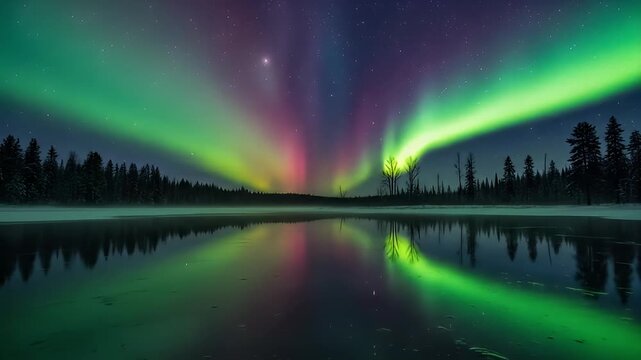 Aurora borealis reflects on still lake, bordered by trees, under a starry sky