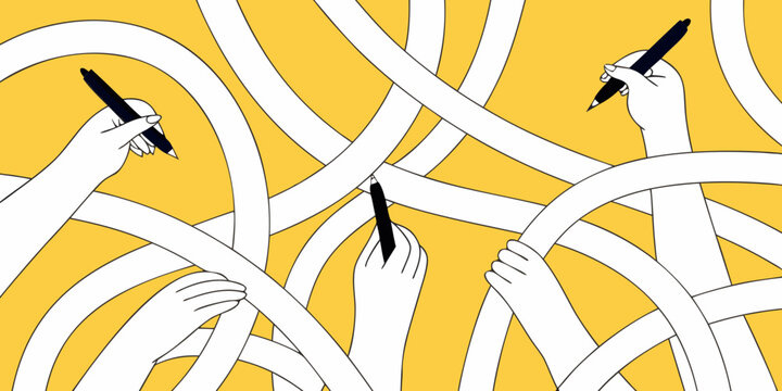 Hands with pens drawing swirling lines on a bright yellow background