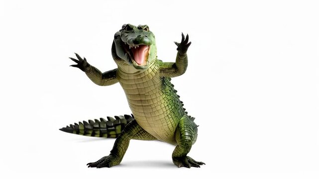 Green alligator with mouth open and arms raised against a white background