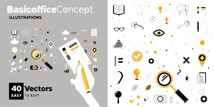 Basic office concept illustration with various icons and design elements