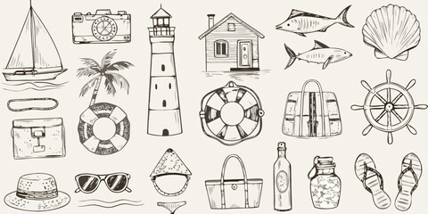 Hand drawn nautical themed illustrations including boats lighthouse and beach items © Ajay