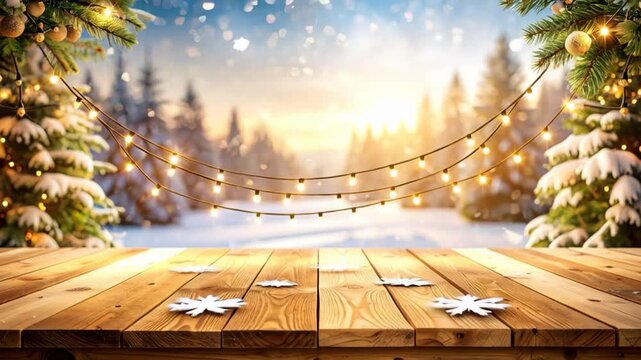 Festive wooden table with snow covered trees and string lights in winter forest