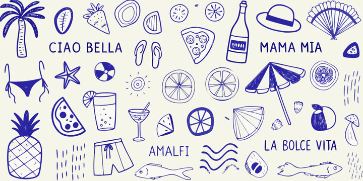 Italian summer doodles food beach items and handwritten phrases