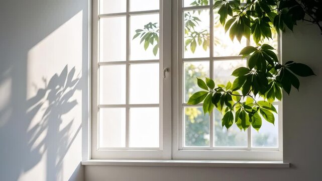 Sunlight shines through a window with green leaves casting shadows on a wall