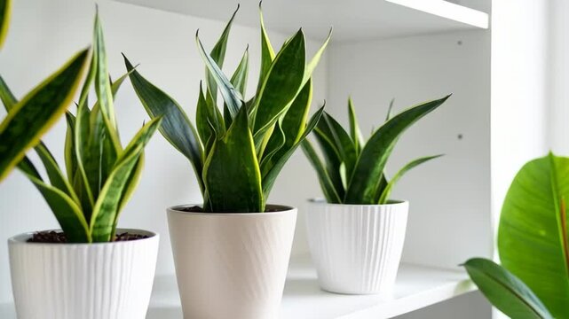 Row of potted snake plants with green and yellow striped leaves displayed on a white shelf
