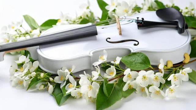 Elegant white violin adorned with delicate white jasmine flowers and green leaves on a clean white background