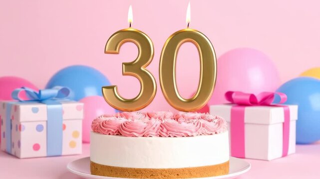 Golden number 30 candle on a cake with balloons and gifts background