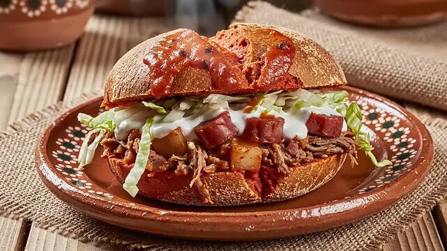 Hearty stuffed bread roll with meat, sausage, vegetables, and cream sauce served on a rustic plate