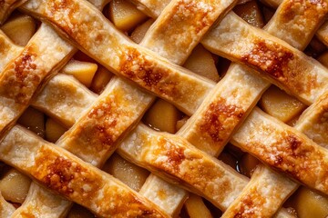 Close up view of freshly baked apple pie crust with a golden brown lattice design and pieces of apple beneath