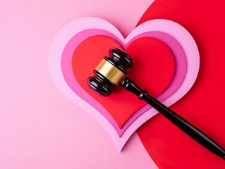 Fototapeta premium Gavel resting on layered red and pink paper hearts symbolizing love, justice, marriage, legal decisions, relationships, balance, and romantic court themes for Valentine concepts.