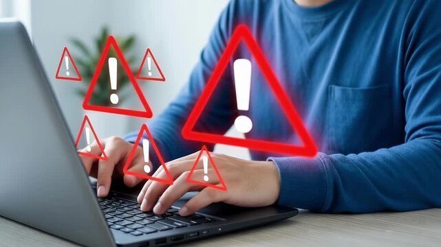 Man working on laptop with warning signs floating above keyboard in office high quality 4k video