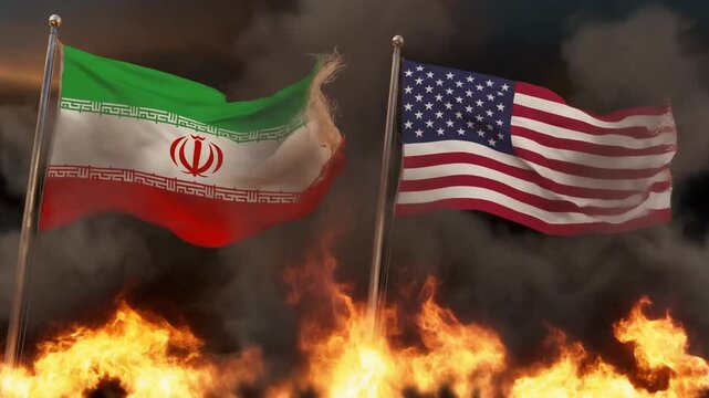 "Two national flags, Iran and the United States, waving against a dark smoky background with flames in the foreground, symbolizing tension, conflict, and dramatic confrontation."