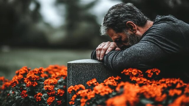 A somber man mourning at a grave surrounded by vibrant orange flowers in a serene park
