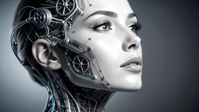 Futuristic female android cyborg with intricate mechanical details and glowing blue accents