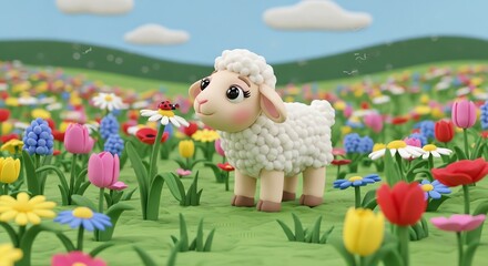 Fototapeta premium Whimsical Clay Sheep and Ladybug in a Spring Flower Meadow