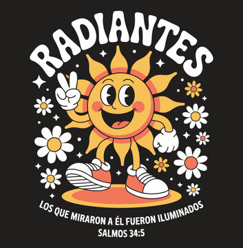 Radiant smiling sun with peace sign and shoes on black background with flowers and text