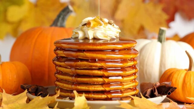 Stack of golden pancakes drizzled with syrup and topped with whipped cream surrounded by pumpkins
