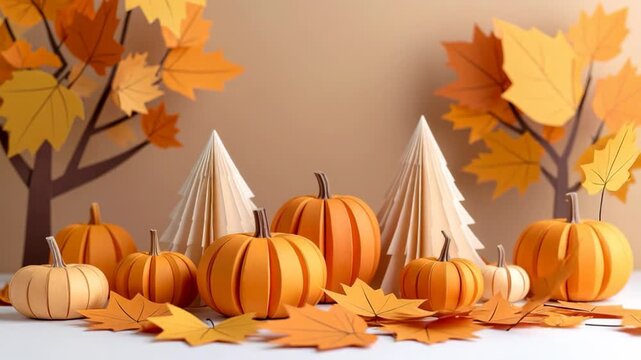 Autumnal Papercraft Scene with Pumpkins and Falling Maple Leaves
