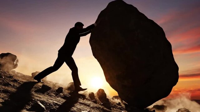 Businessman pushing large rock uphill silhouette