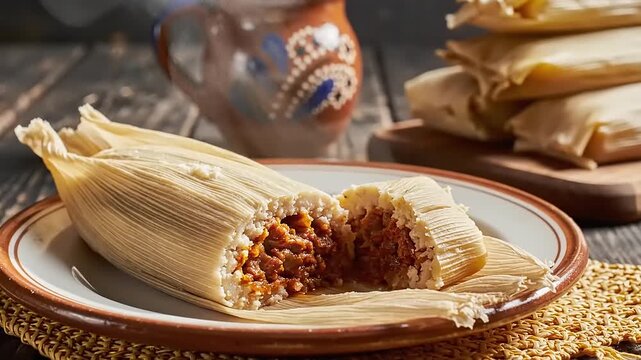 Steamed corn dough pockets filled with savory red meat stuffing wrapped in dried husks served on rustic table