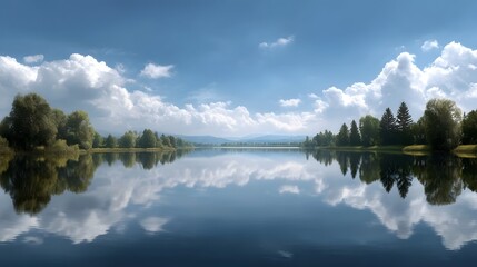 Obraz premium A serene lake perfectly mirrors the blue sky with fluffy clouds and lush green trees along its tranquil shore