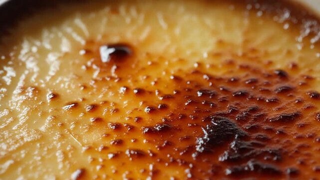 Delicious close-up of a caramelized golden-brown sugar topping on a sweet custard dessert, highlighting the rich texture and tempting burnt sugar details, ready to be enjoyed as an indulgent treat