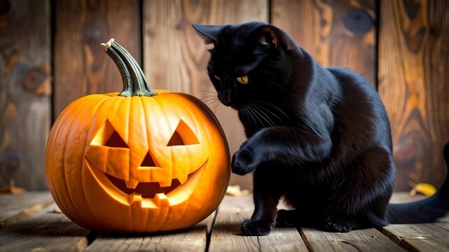Black cat curiously interacts with a carved jack-o'-lantern on a rustic wooden surface