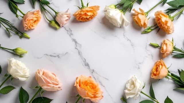 Soft pastel roses and buds arranged in a circular frame on marble surface