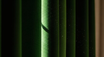 Heavy deep-green velvet curtains with a visible rough weave, illuminated by soft morning sunlight. Dust motes float through the air, highlighting the rich texture and luxurious fabric 