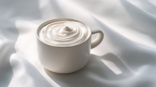 Craft mug with yogurt on white background creating depth with light shadows