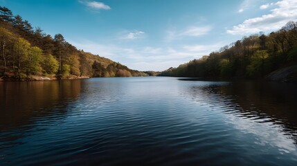 Obraz premium A tranquil blue lake with gentle ripples bordered by lush green and brown forested hills under a clear sky with scattered clouds