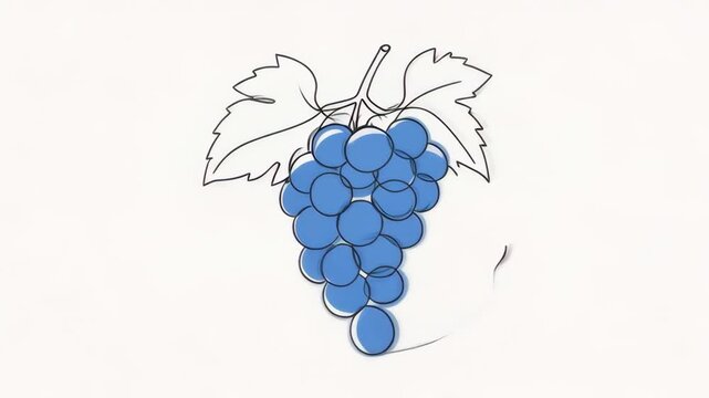 Stylized blue grape bunch with outline drawing and leaves on a white background