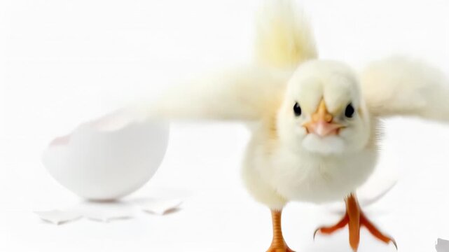 Adorable yellow chick emerging from cracked eggshell with open beak against white background