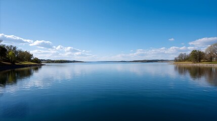 Obraz premium A Vast Calm Blue Lake Extends Towards the Horizon Under a Clear Blue Sky with Scattered White Clouds Reflecting the Serene Scenery