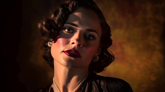 A glamorous old Hollywood actress poses for a portrait featuring elegant marcel waves a soft studio backdrop wi 272a289a 2