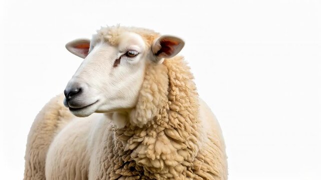 Close-up of a fluffy white sheep's head with textured wool against a plain background