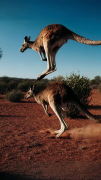 Australian Outback. Animal Habitats Around the World. Bush Habitat. A kangaroo hopping across a red dirt plain with scrubby bushes, set in the vast Australian outback under a deep blue sky
