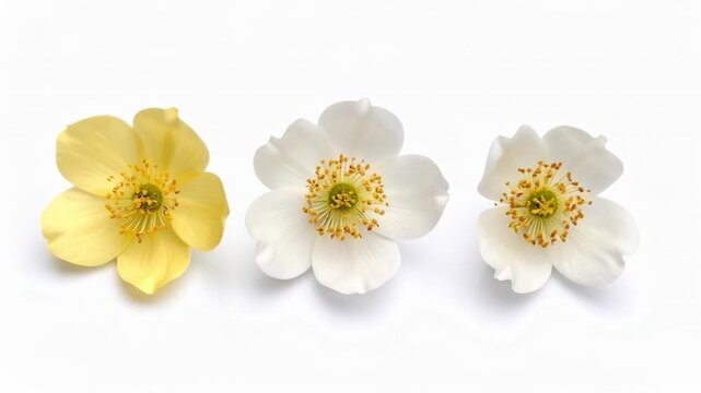 Three delicate flowers, one yellow and two white, arranged in a row on a white background.