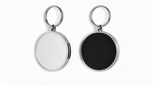 Two blank round metal keychains, one white insert, one black insert, on white background