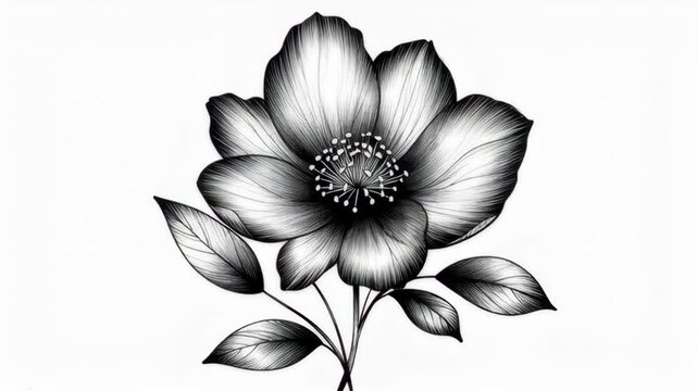 Detailed Black and White Floral Illustration with Delicate Petals and Leaves